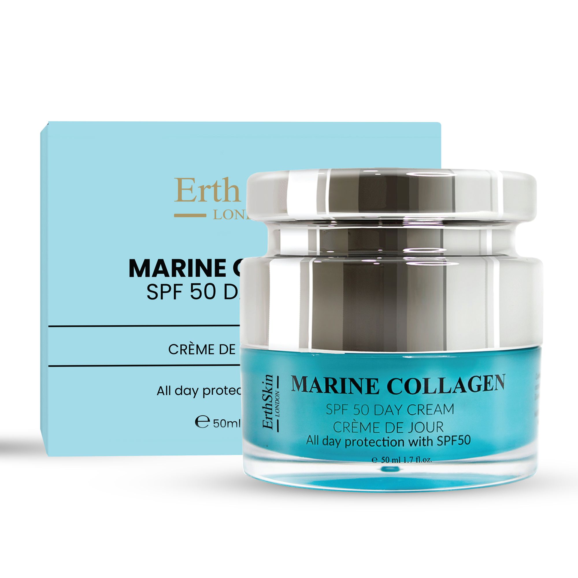 Pot et boîte de crème de jour ErthSkin London Meereskollagen SPF50. Texte : Marine Collagen SPF50 Day Cream, Crème de Jour.
