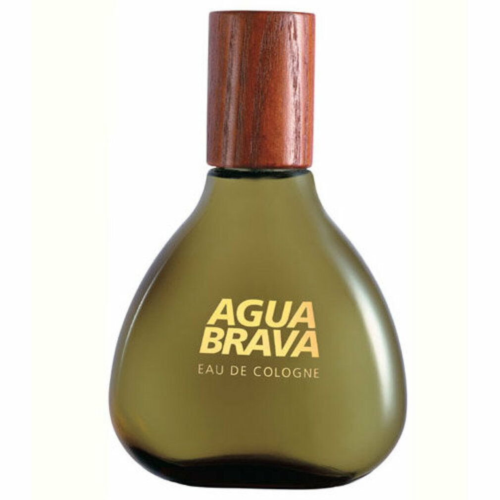 Agua Brava Eau de Cologne fles met houten dop en gouden belettering op groen glas.