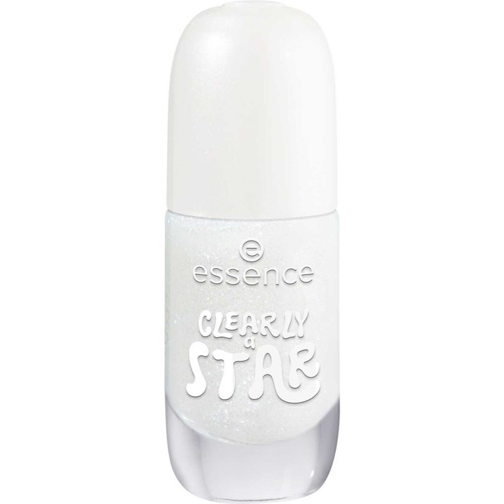 Flacon de vernis à ongles fermé avec bouchon blanc. Inscription "essence CLEARLY STAR".