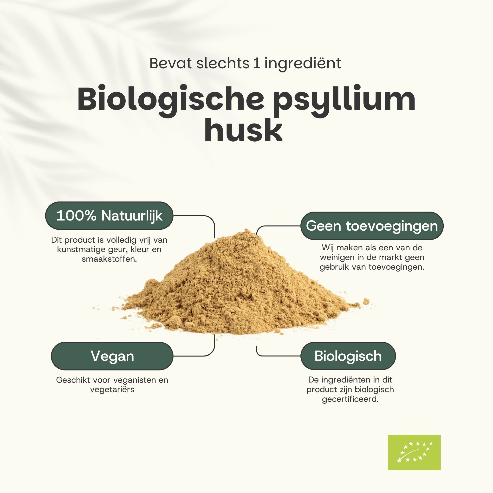 Tekst met Psyllium Husk. Tekst: Biologische psylliumvezels, 100% natuurlijk, vegan, biologisch.