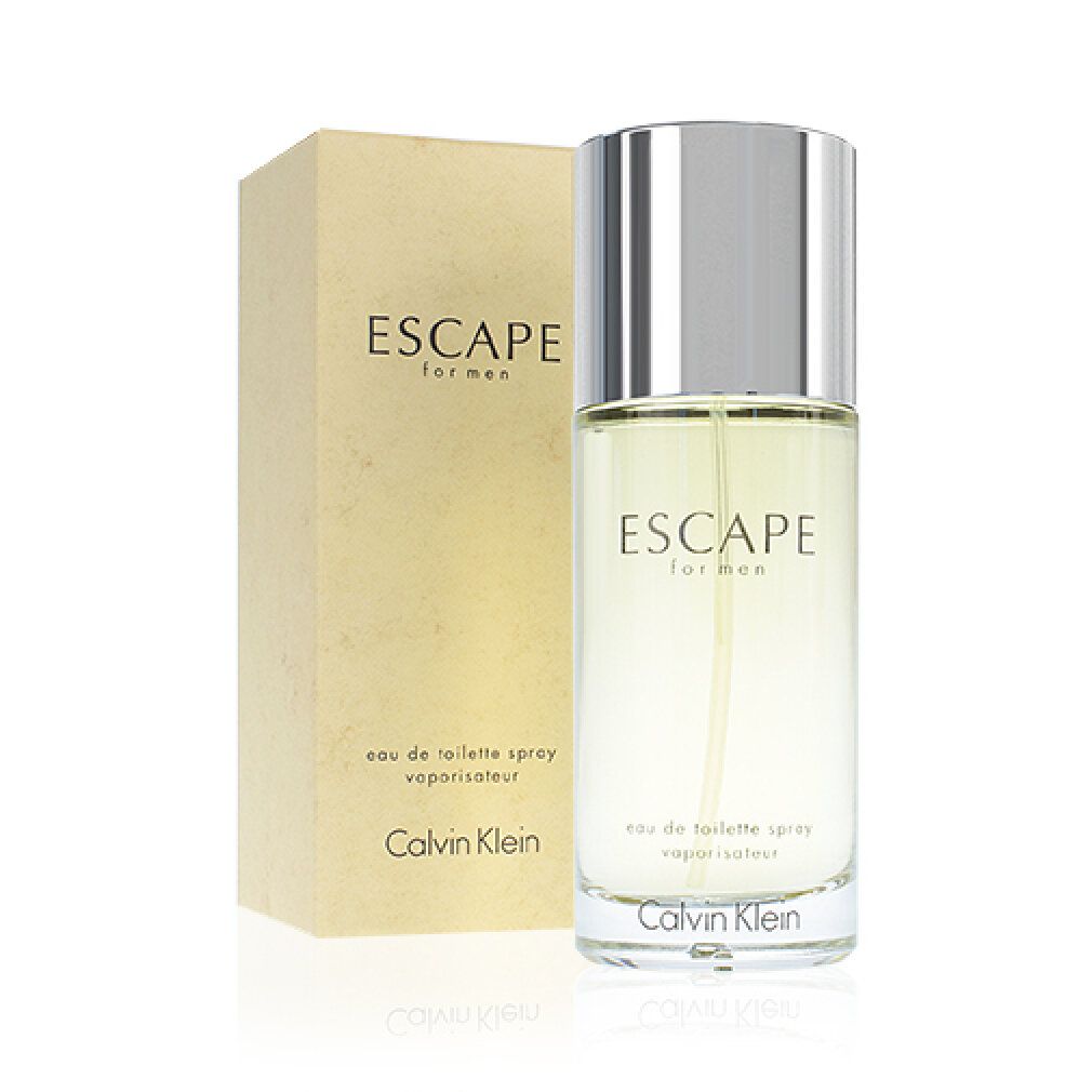 Flacon Calvin Klein Escape for men avec emballage. Bouchon argenté, inscription Escape for men. En bas, Calvin Klein. Liquide jaunâtre.