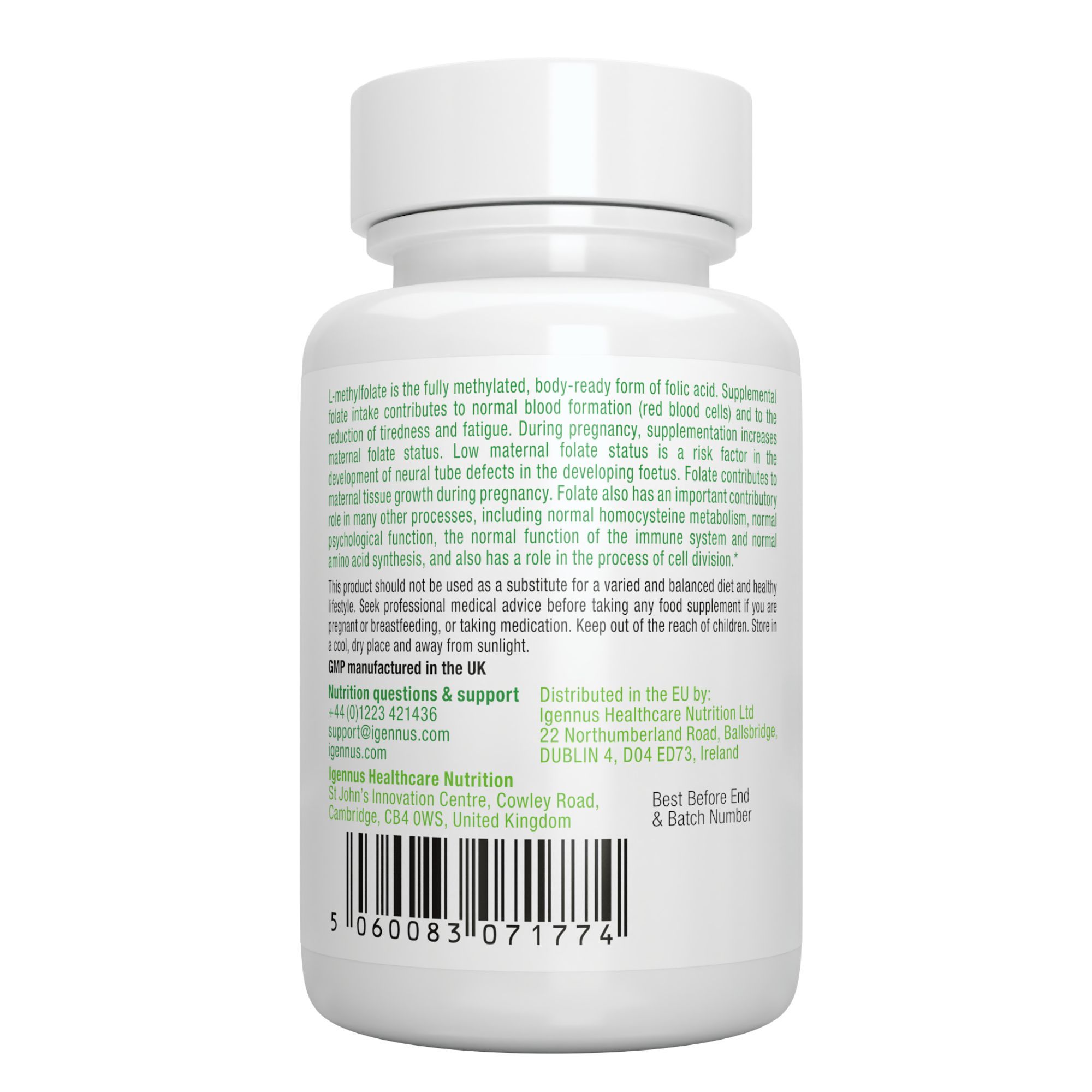 Vue arrière d'une bouteille d'Igennus Pure L-Methylfolate avec étiquette et code-barres.