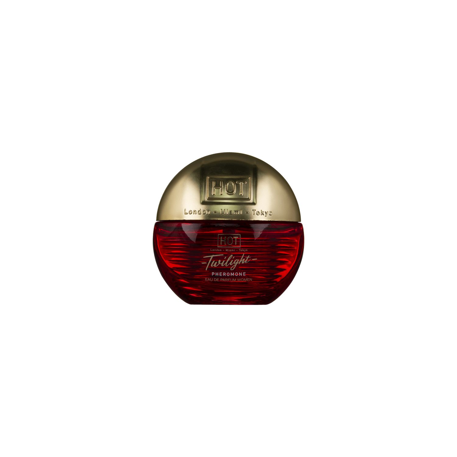 Rode parfumfles met gouden dop, opschrift "Twilight Pheromone".