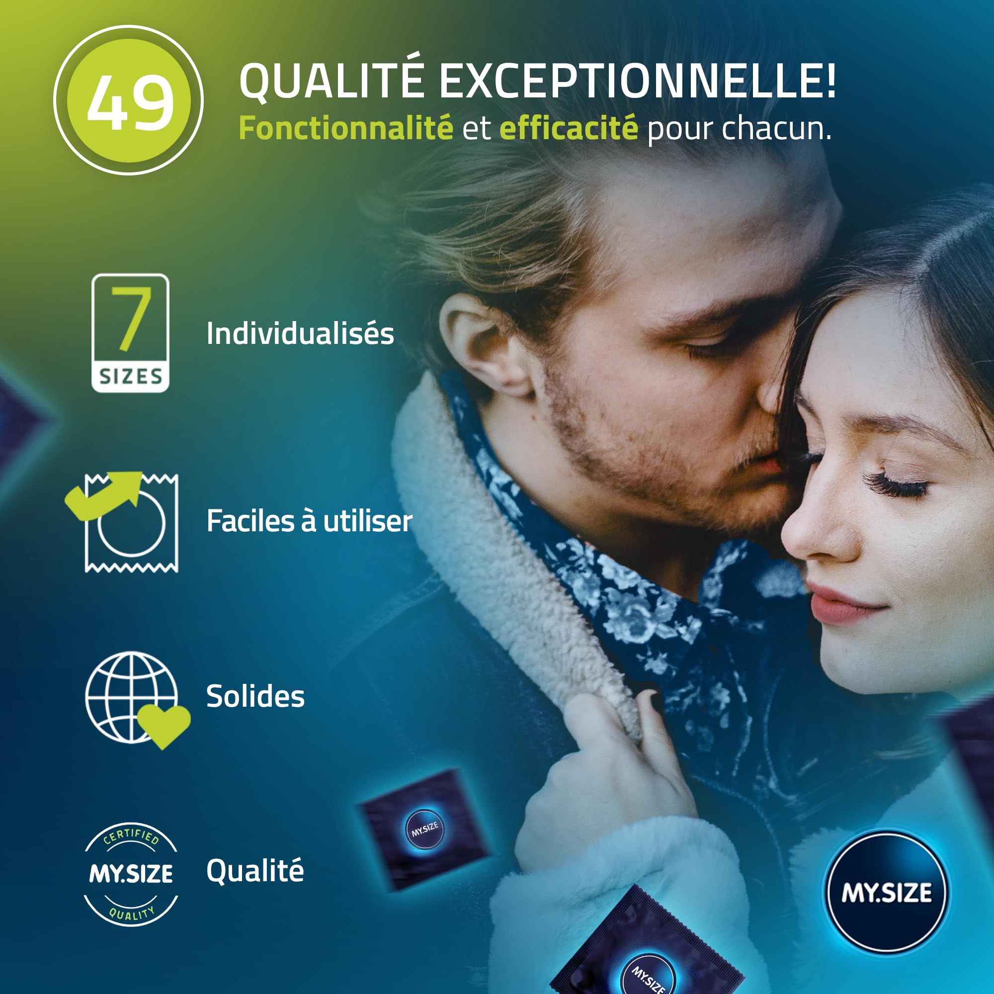 Boîte de préservatifs MY.SIZE 49 avec couple. "Qualité exceptionnelle !"