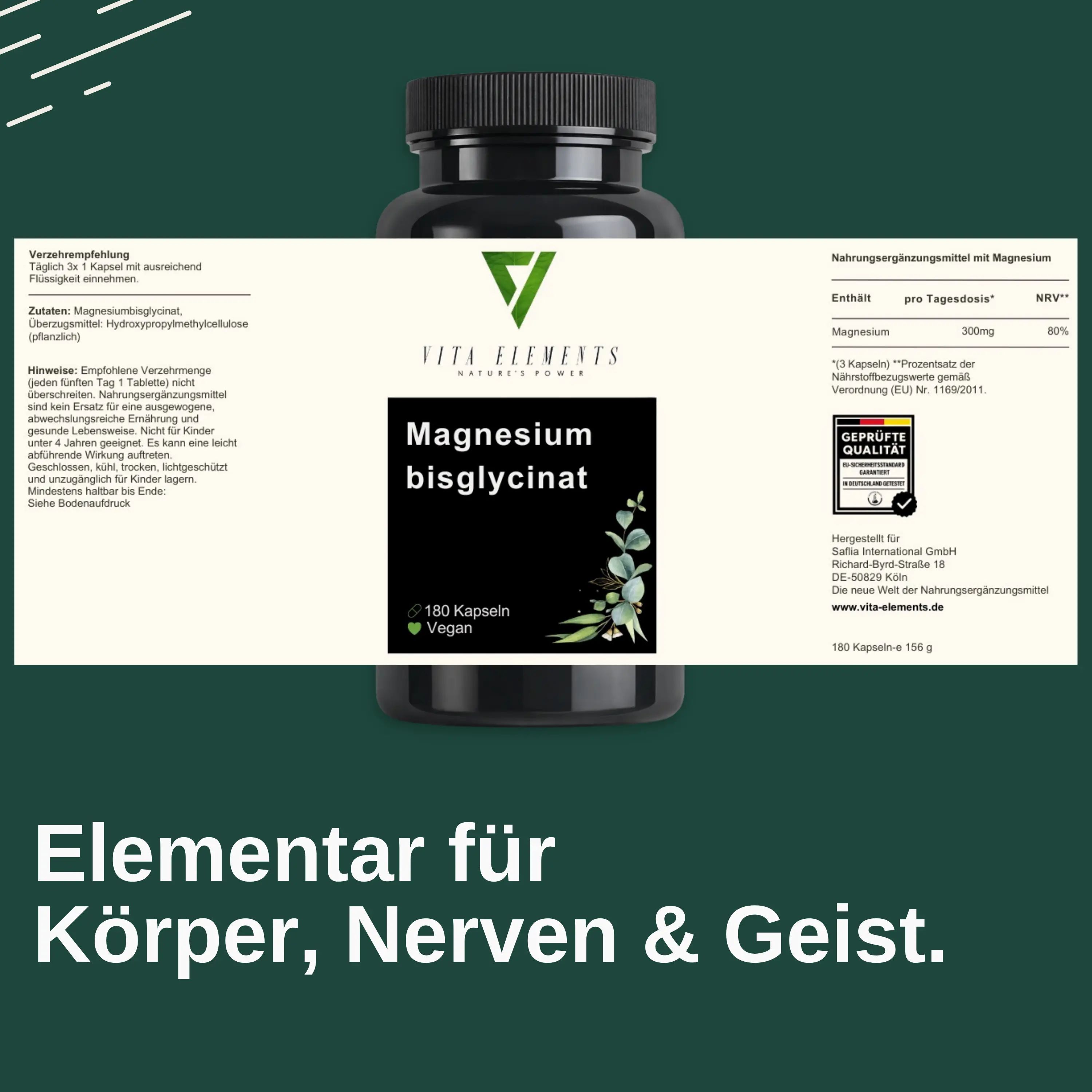 Étiquette sur une bouteille de 'Magnesium bisglycinate'. Contient des informations sur les ingrédients, le dosage et les valeurs nutritionnelles. Sceau : Qualité contrôlée.