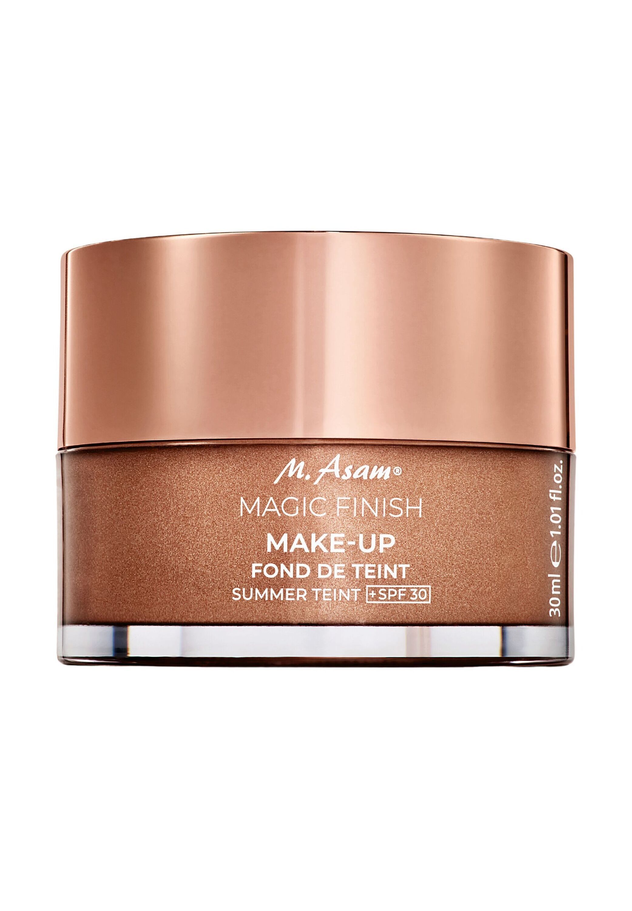 Pot de maquillage. Couvercle or rose. Inscription : M. Asam Magic Finish Make-up Summer Teint + SPF 30. 30ml.