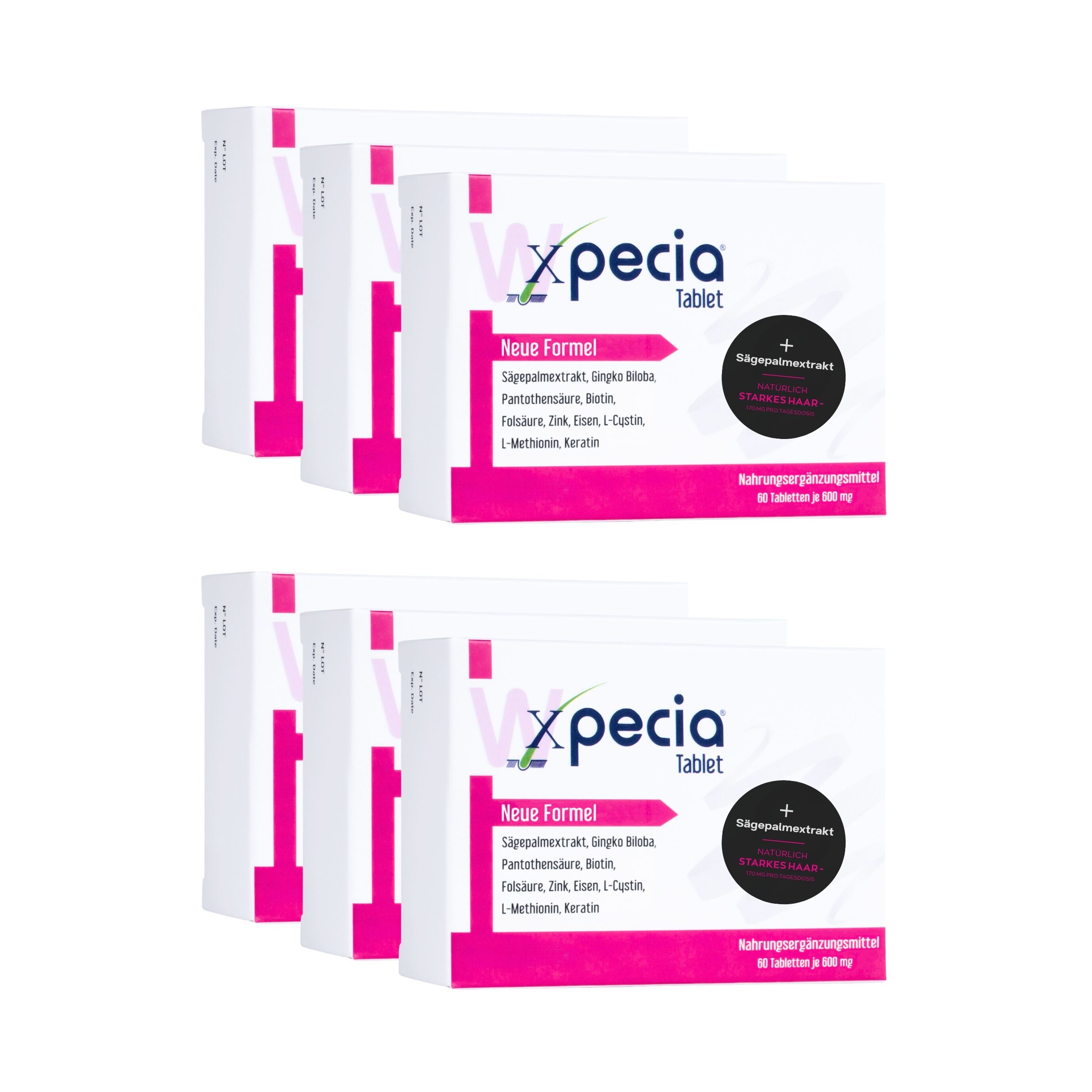 Meerdere dozen Xpecia tabletten. Witte verpakking met roze accenten. Tekst: Nieuwe formule.