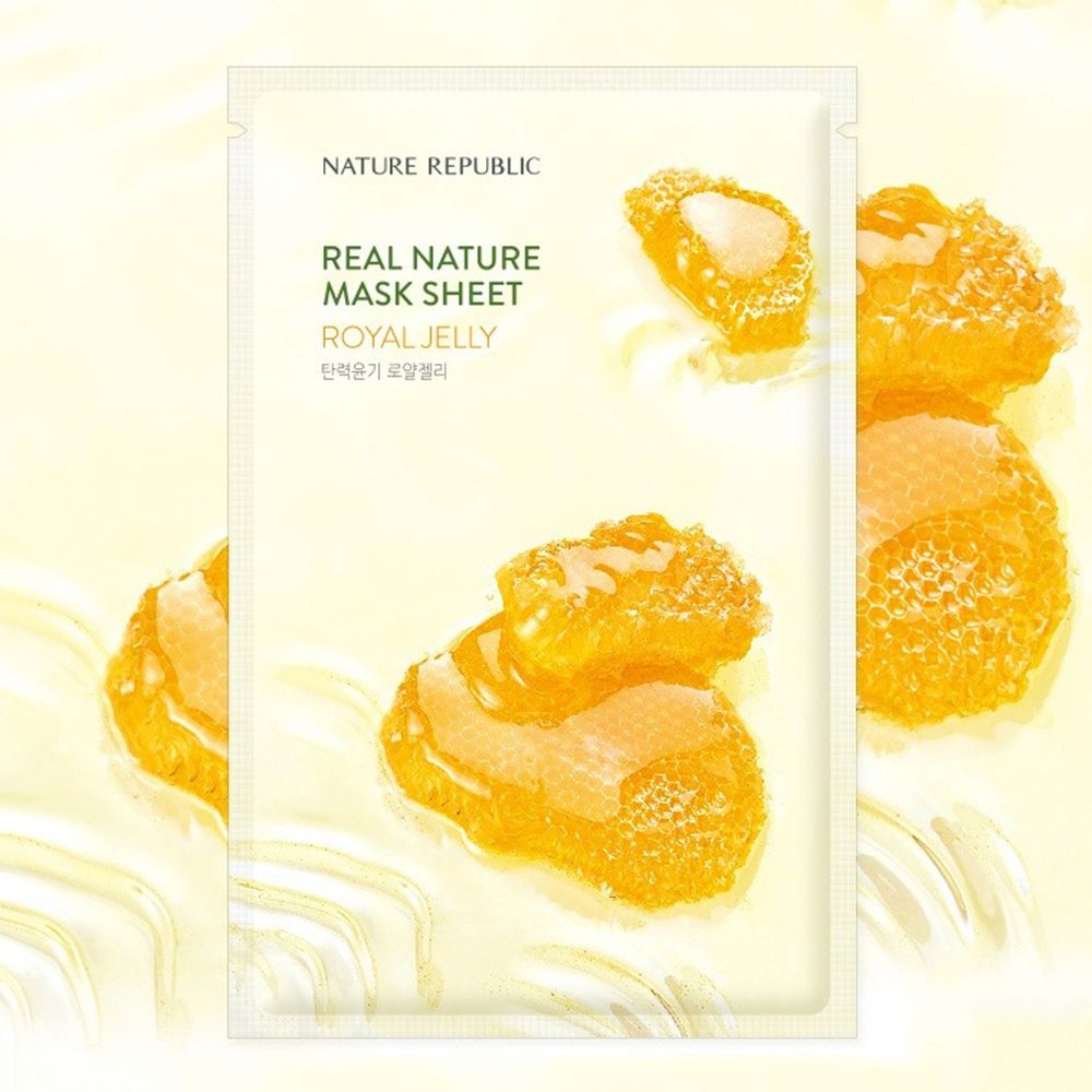 Emballage NATURE REPUBLIC Real Nature Royal Jelly Sheet Mask. Design de masque jaune avec illustrations de rayons de miel, sur fond clair.