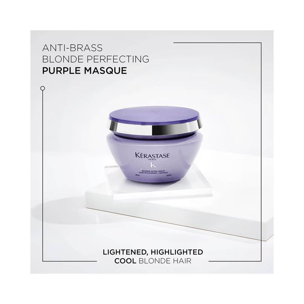 Kérastase Masque Ultra-Violet. Paarse pot met zilveren deksel. Tekst en logo. Op voetstuk.