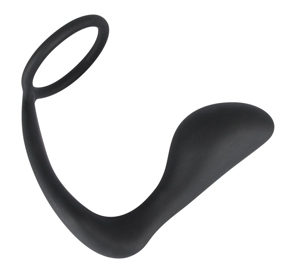 Anneau pénien noir avec plug en silicone.