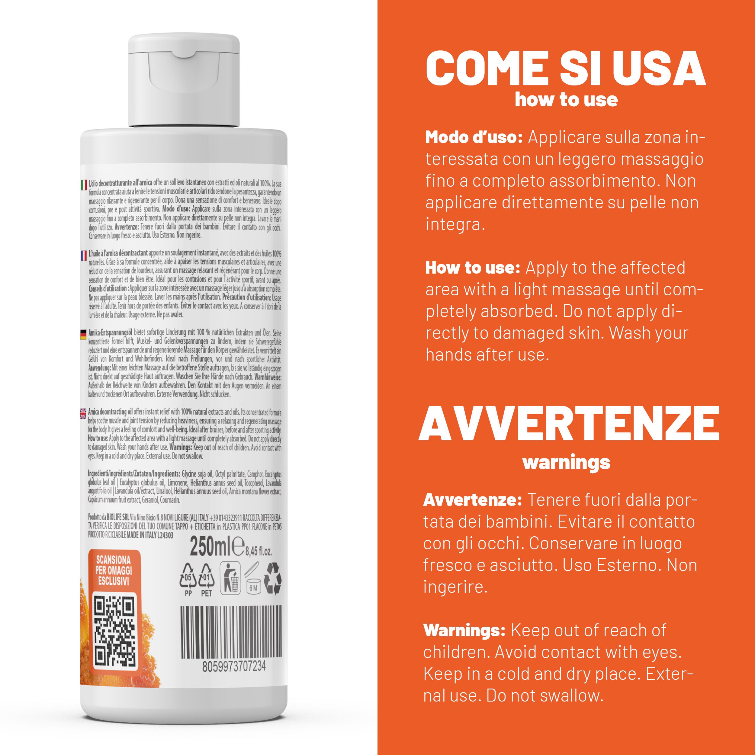Flacon Fitoattivi Arnikaöl. Texte: Come si usa, Modo d'uso, Avvertenze, Warnings, Keep out of reach of children.
