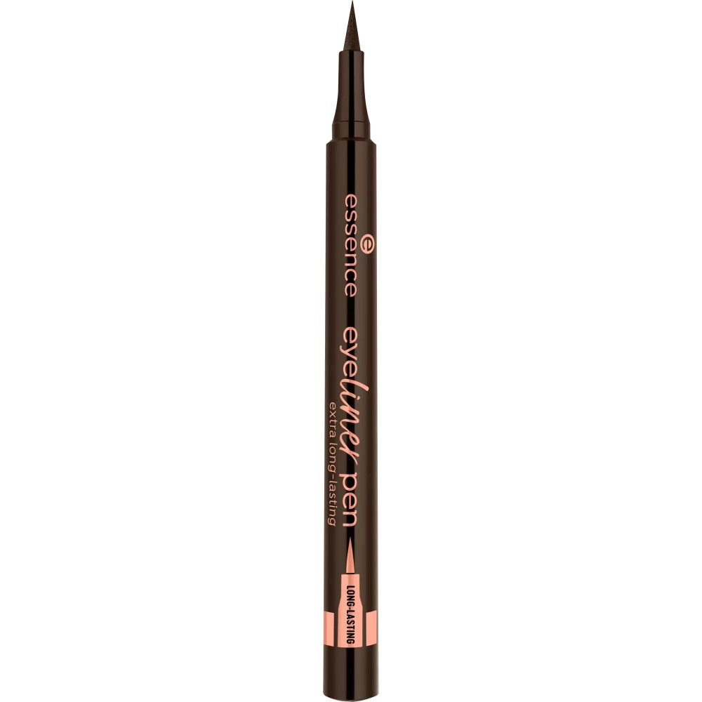 Stylo eyeliner Essence, extra longue tenue. Stylo noir avec pointe. Nom du produit et marque visibles.
