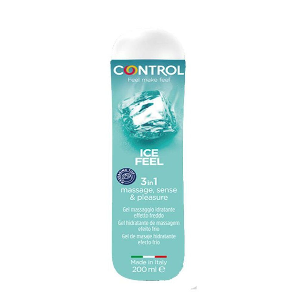 Flacon de gel de massage Control Ice Feel avec design cristal de glace et embout massant.