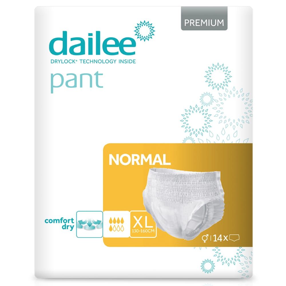 Paquet de Dailee Pants Normal, taille XL, 14 unités. Culotte absorbante blanche sur emballage, avec informations produit.