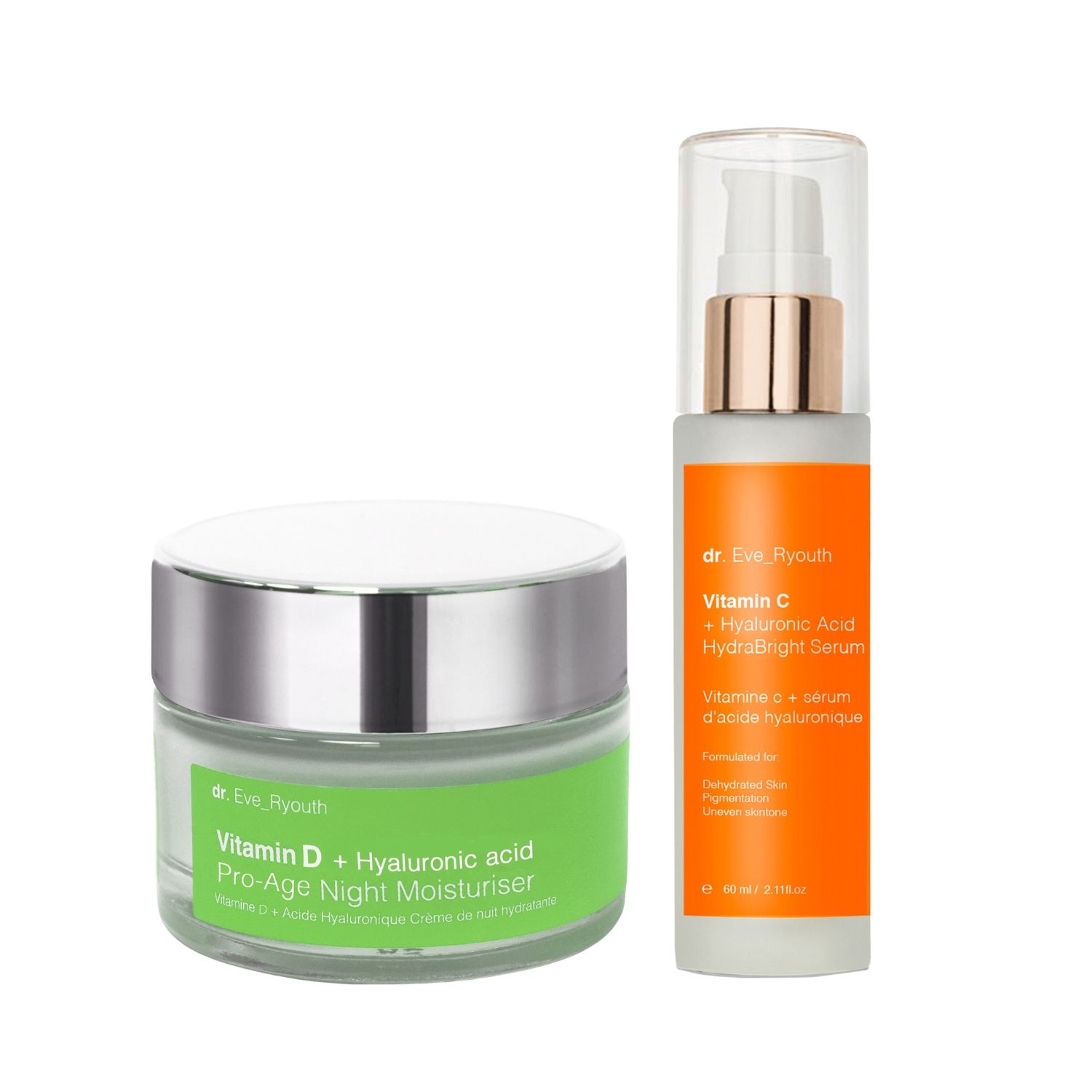 Pot de crème avec couvercle et flacon de sérum avec pompe. Inscription: Dr. Eve_Ryouth. Les deux produits ont des étiquettes vertes et oranges.