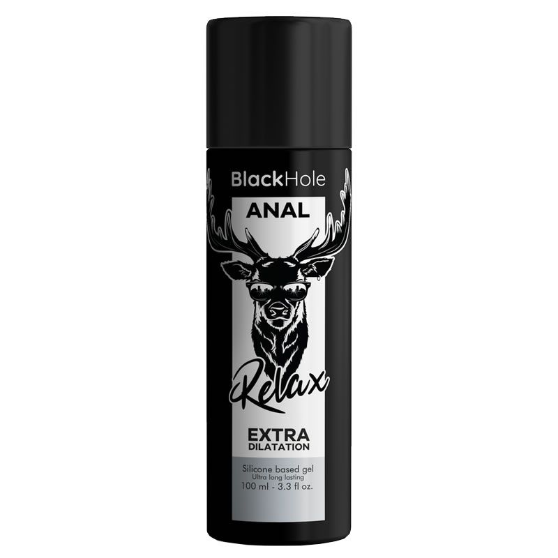 Zwarte fles met tekst Black Hole, Anal, Relax, Extra Dilatation. Siliconen gel. 100 ml.