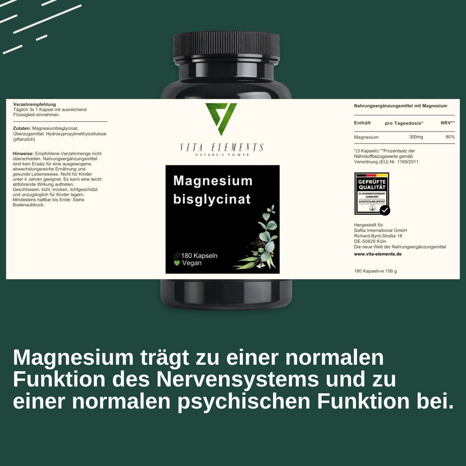 Vita Elements Magnesiumbisglycinaat pot met etiket: 180 capsules, veganistisch, met keurmerk 'Geprüfte Qualität'.