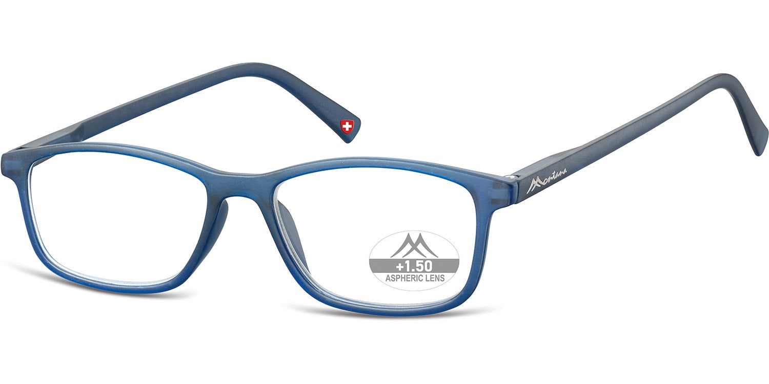 Lunettes bleues à verres rectangulaires. Une croix suisse est visible sur la branche droite. "+1.50 ASPHERIC LINE" est écrit sur le verre.