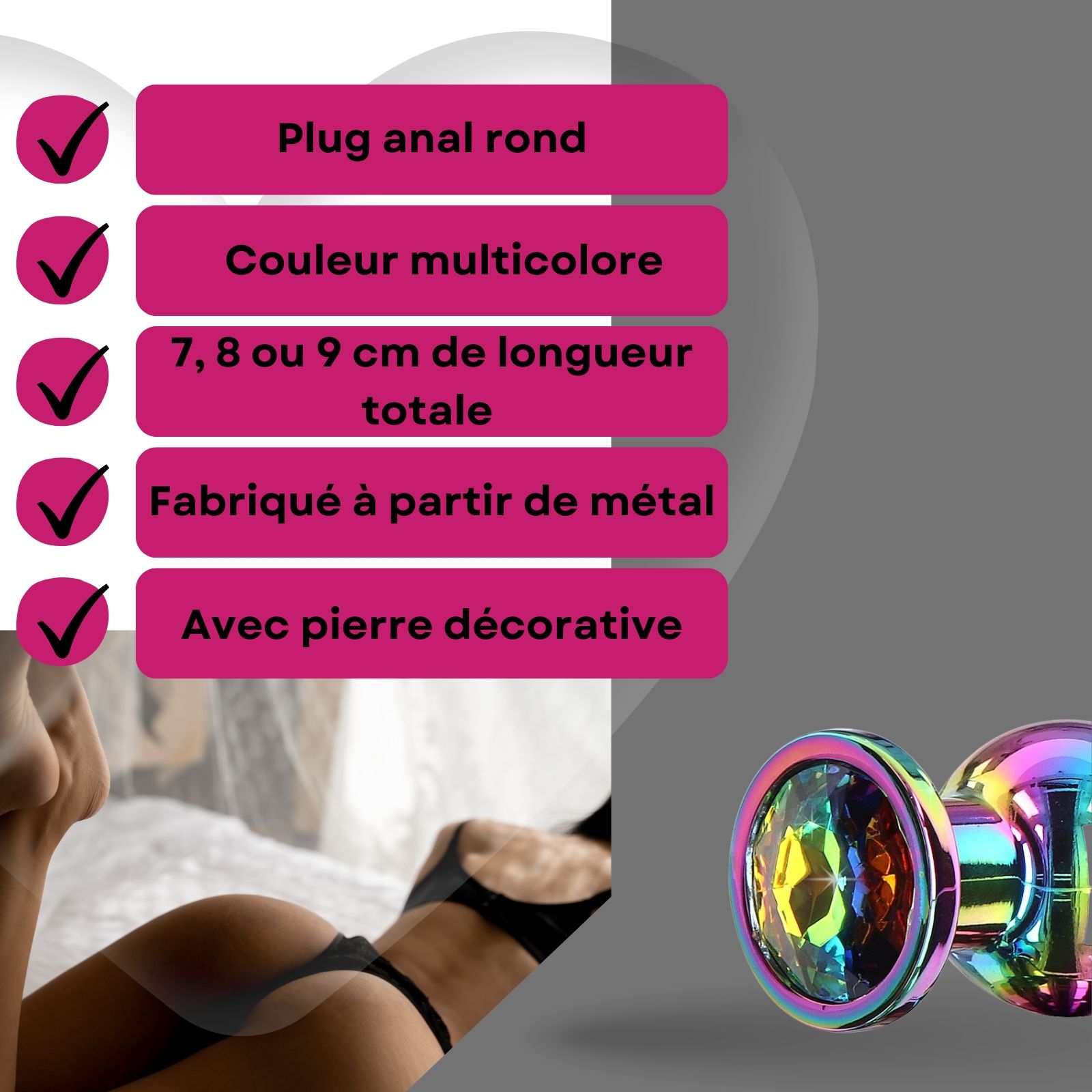 Lovelyness - Plug anal rond multicolore avec pierre décorative en métal