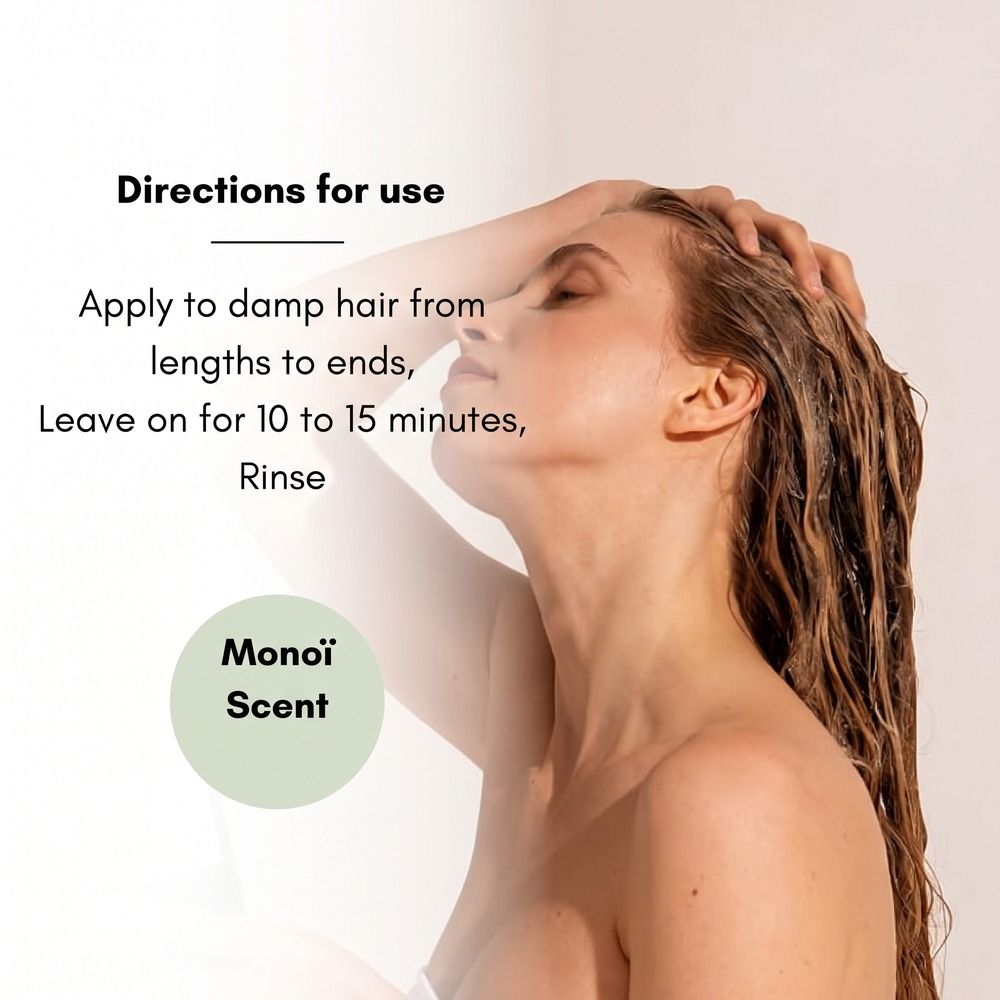 Een vrouw met nat haar die een masker aanbrengt. Tekst: 'Directions for use', 'Monoï Scent'.