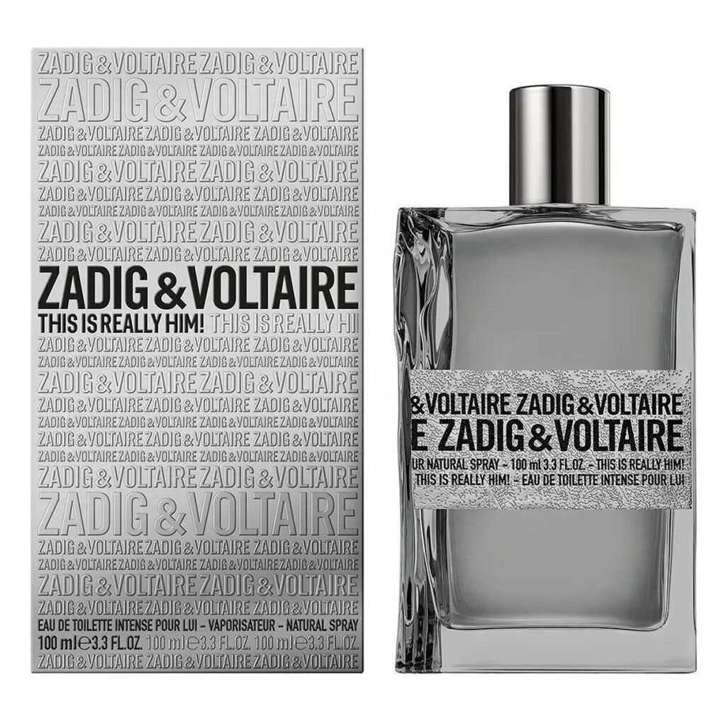 Grijze rechthoekige fles met zilveren dop. Opschrift: ZADIG & VOLTAIRE THIS IS REALLY HIM! Eau de Toilette.