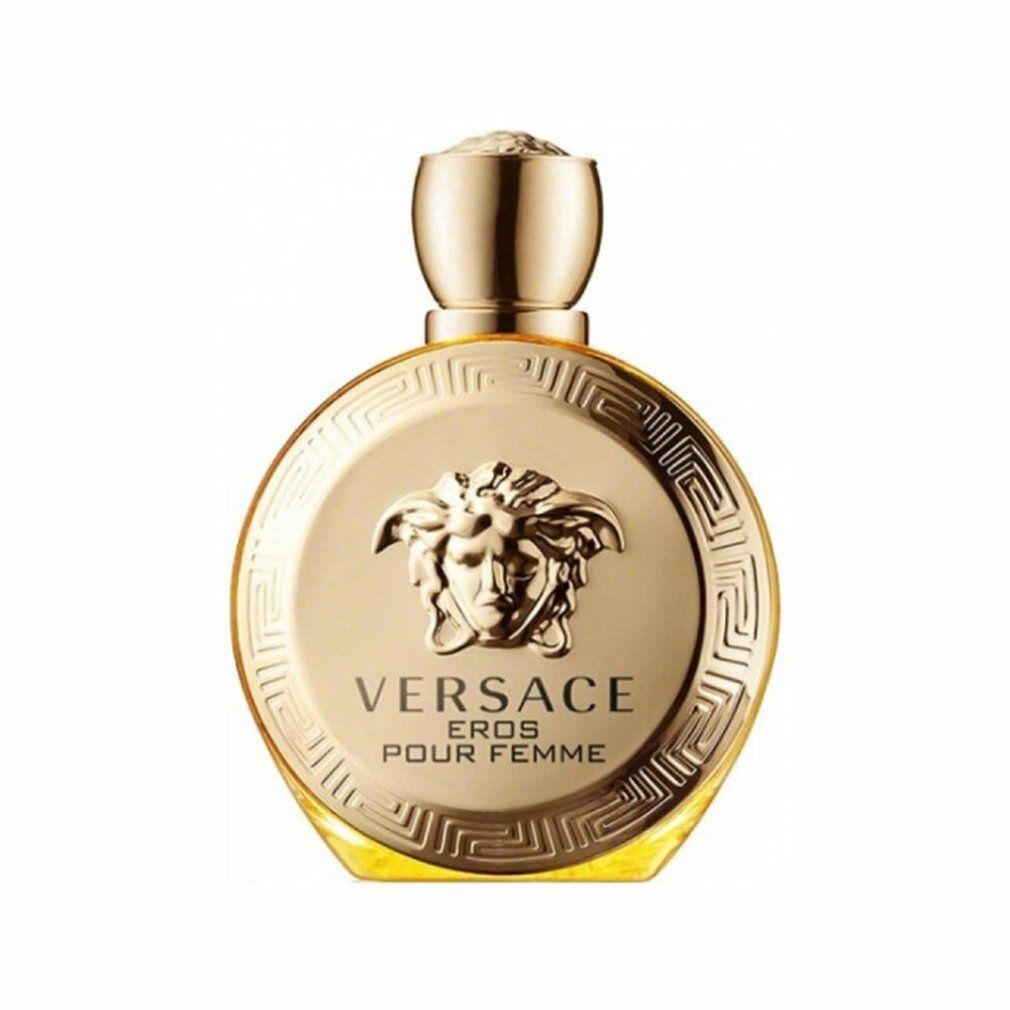 Gouden fles met rond ontwerp. Versace-logo en 'Eros Pour Femme' op voorkant. Gouden dop.