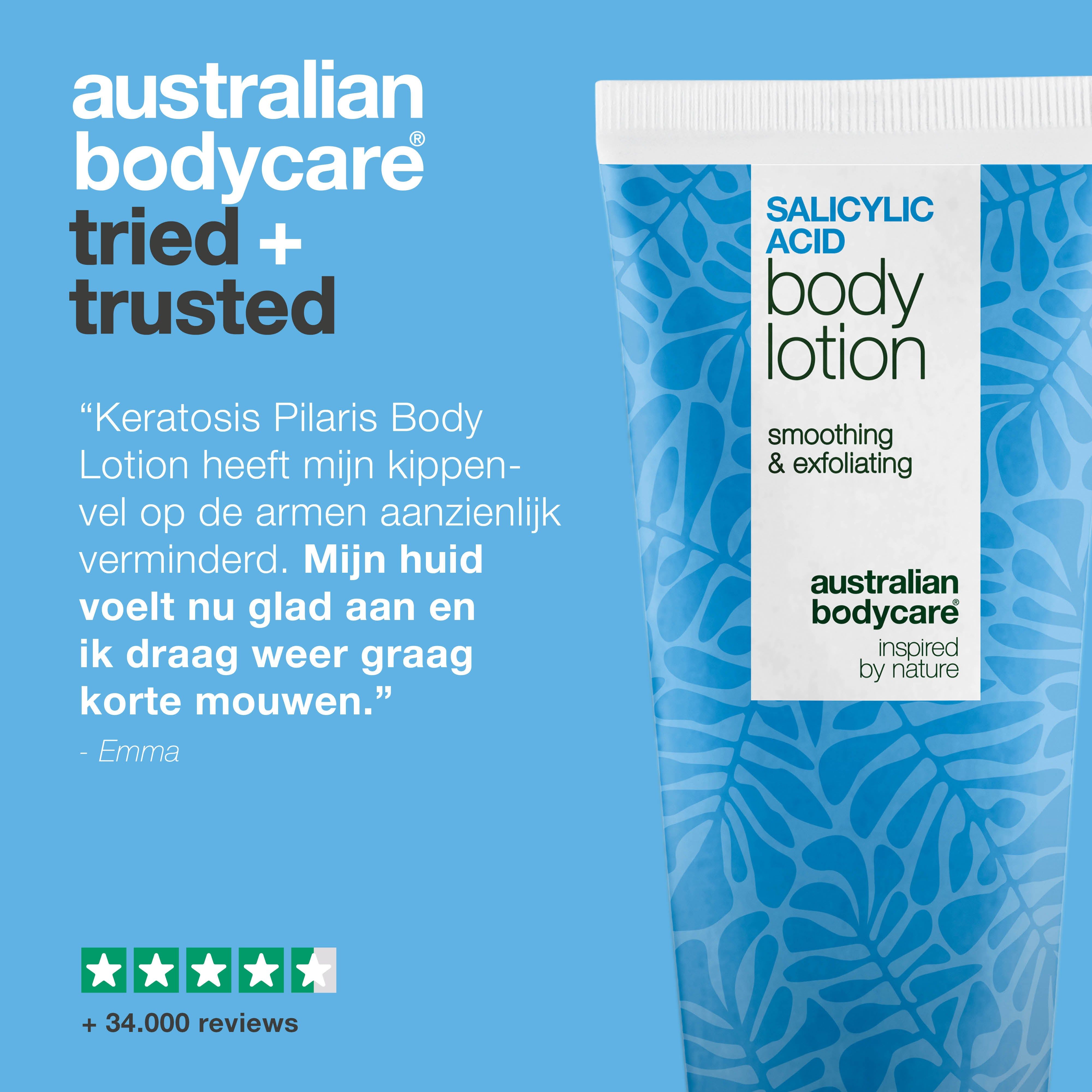 Australian Bodycare, tried + trusted. Citaat over Keratosis Pilaris Body Lotion. 5-sterren beoordeling, +34.000 reviews.