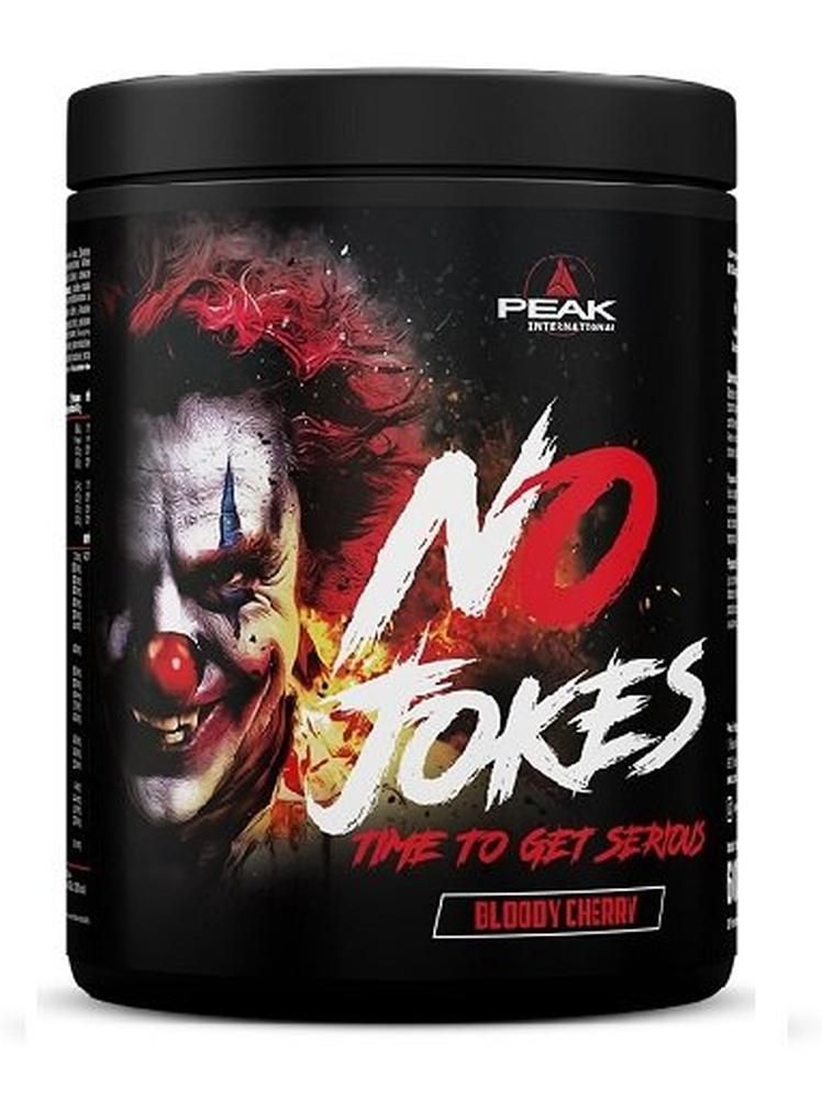 PEAK No Jokes Bloody Cherry Voedingssupplement in zwarte pot met clown-afbeelding en tekst.
