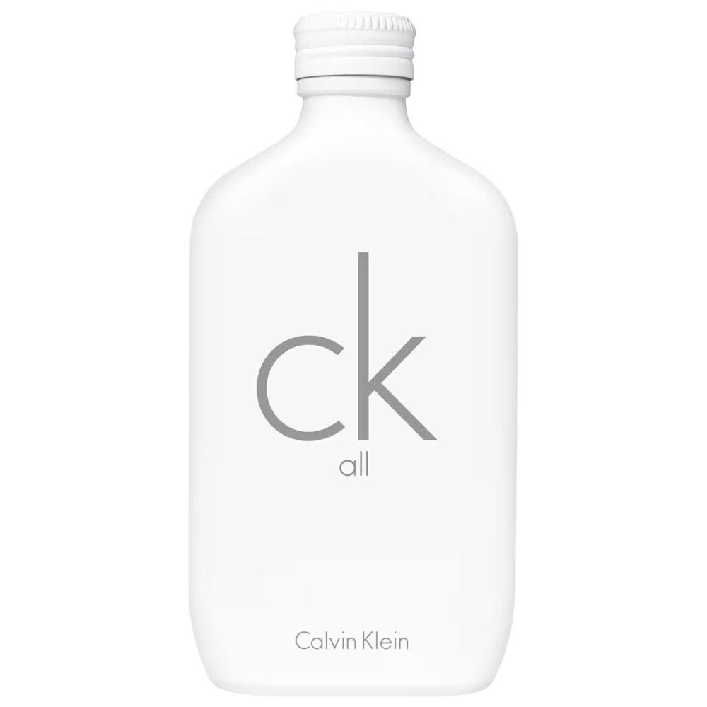 Witte fles met "ck all"-opschrift en "Calvin Klein". Flesvorm, witte sluiting.