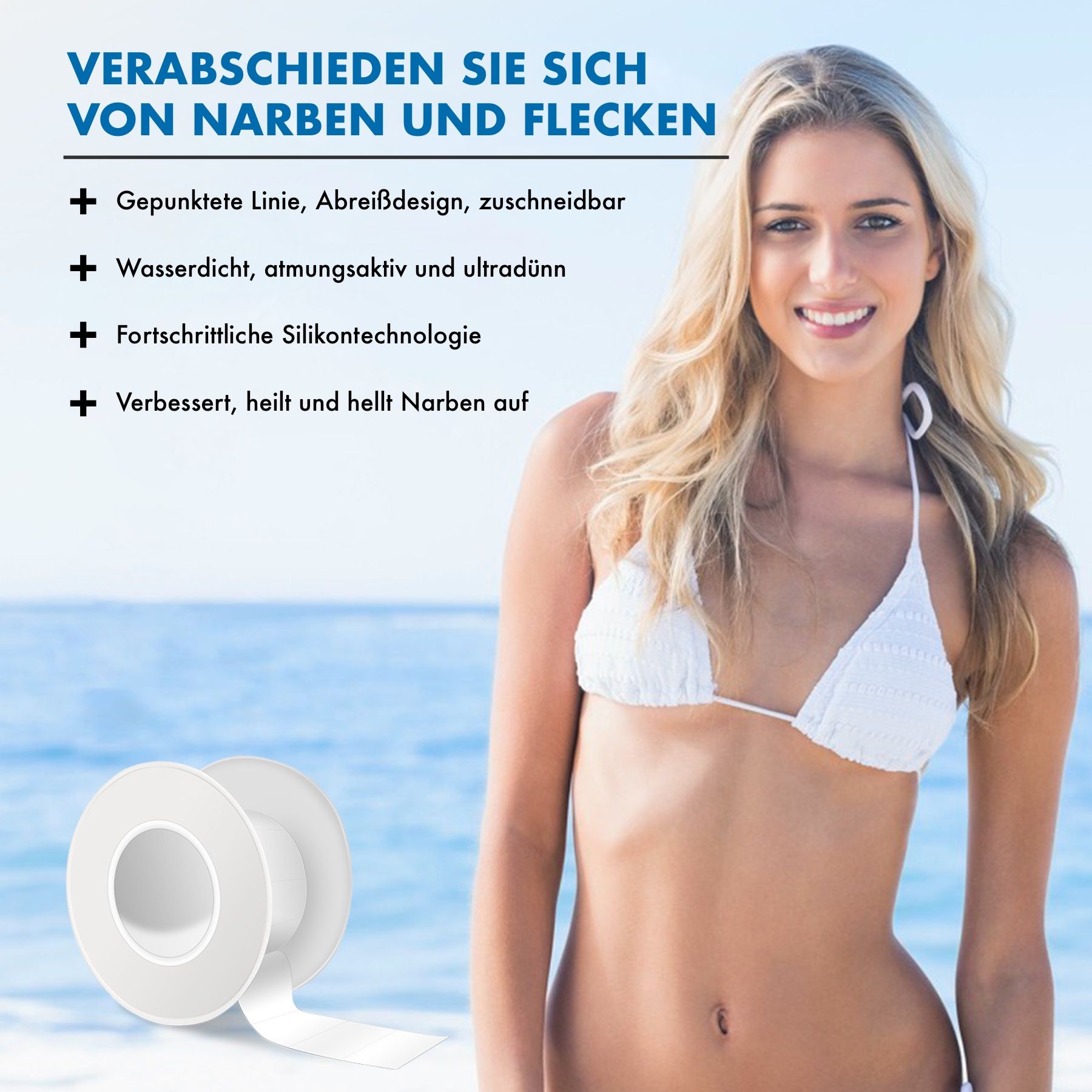 Littekenpleisterrol: gestippeld, afscheurbaar, knipbaar, waterdicht, ademend, ultradun, siliconentechnologie.