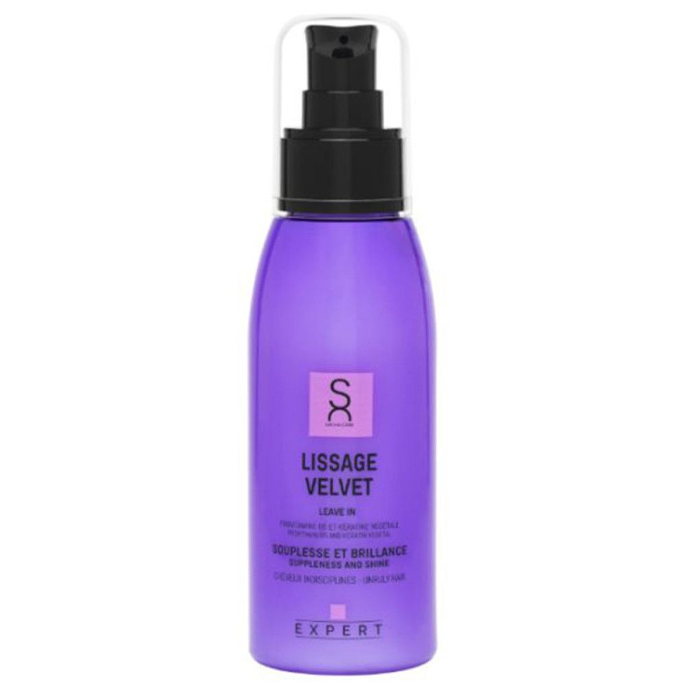 Paarse fles met zwarte pomp. Opschrift: Lissage Velvet, Leave In, Expert. Logo: SC.