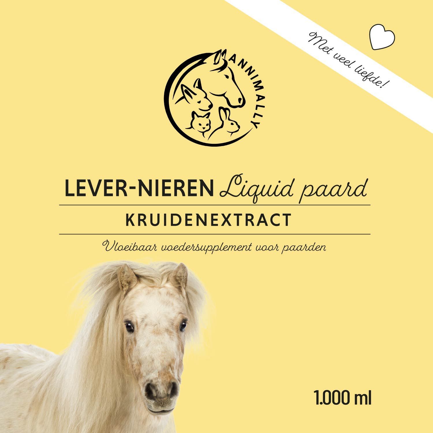 Twee paarden grazen. Tekst over ondersteuning van lever en nieren.