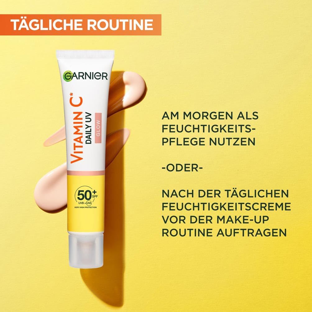 Garnier Vitamin C Daily UV Glow. Tube met SPF 50+. Tekst: Dagelijks gebruiken als moisturizer of voor make-up.