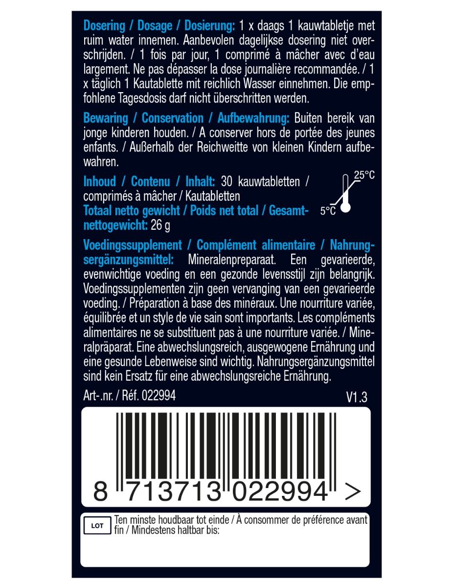 Achterkant verpakking Pure Marine Magnesium Kautabletten. Bevat informatie over dosering, ingrediënten en houdbaarheid.