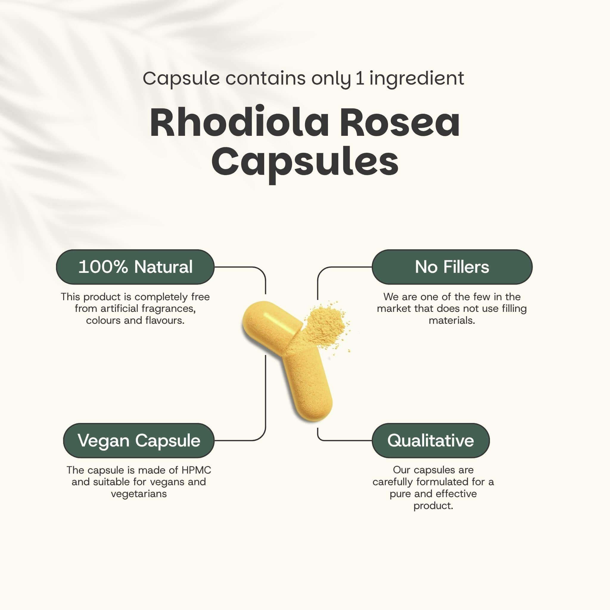 Gélule jaune avec poudre. Texte : Gélules de Rhodiola Rosea. 100% naturel, sans agents de remplissage, gélule végétalienne.