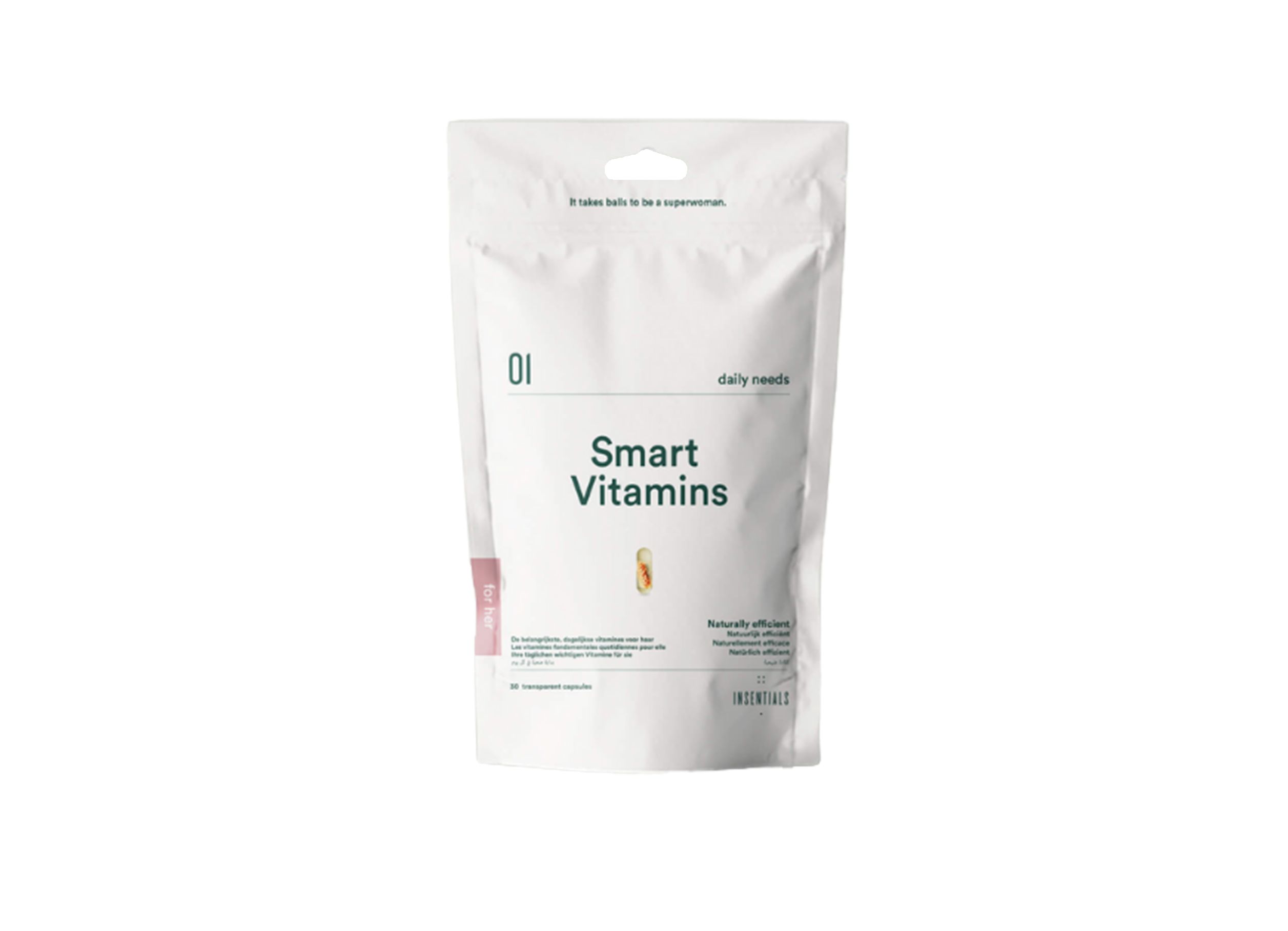 Sachet de Smart Vitamins. Blanc, avec nom et logo du produit. "Daily needs" et "Insentials" sont également visibles.