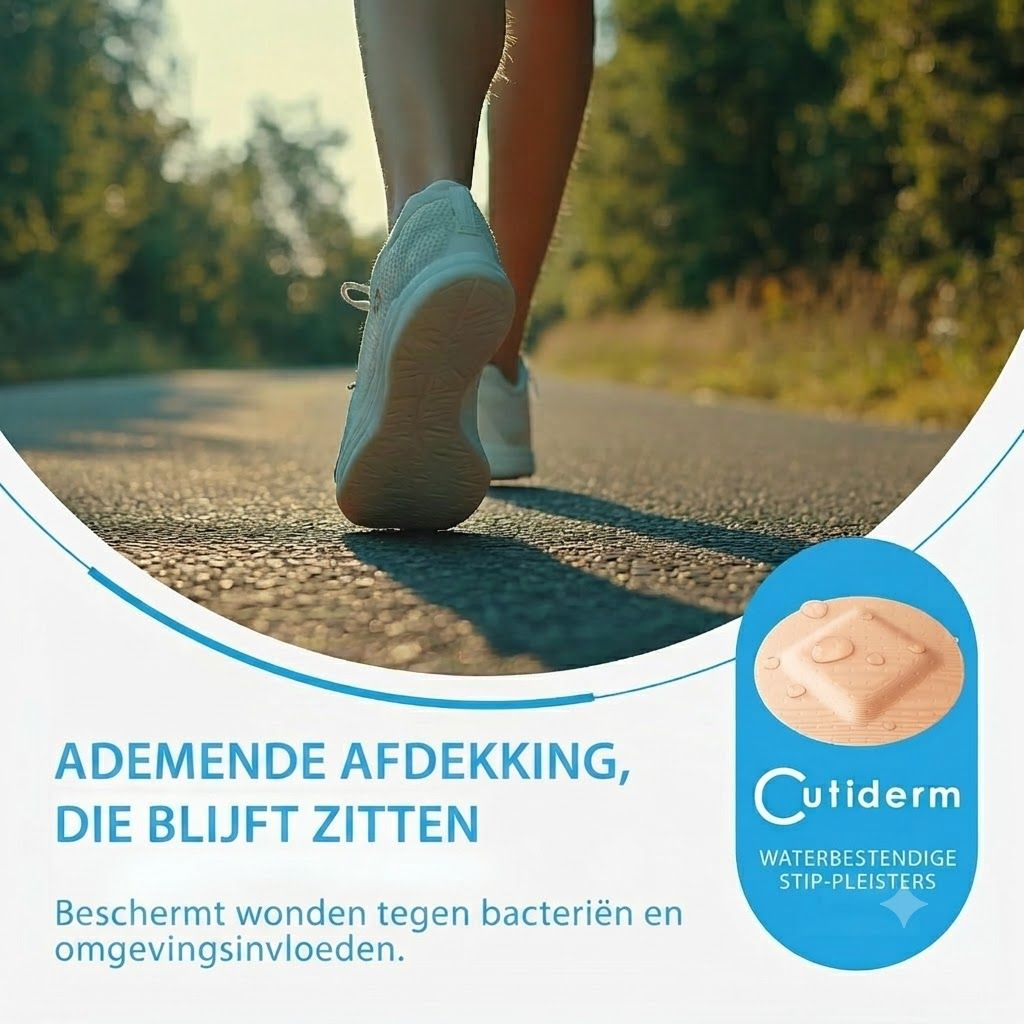 Een Cutiderm pleister met waterdruppels, waterbestendig.