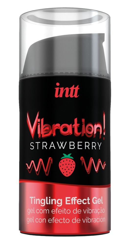 Cilindrische fles met zwart etiket. Productnaam: Vibration! Strawberry Tingling Effect Gel. Merk: INTT. Met doseerkop.