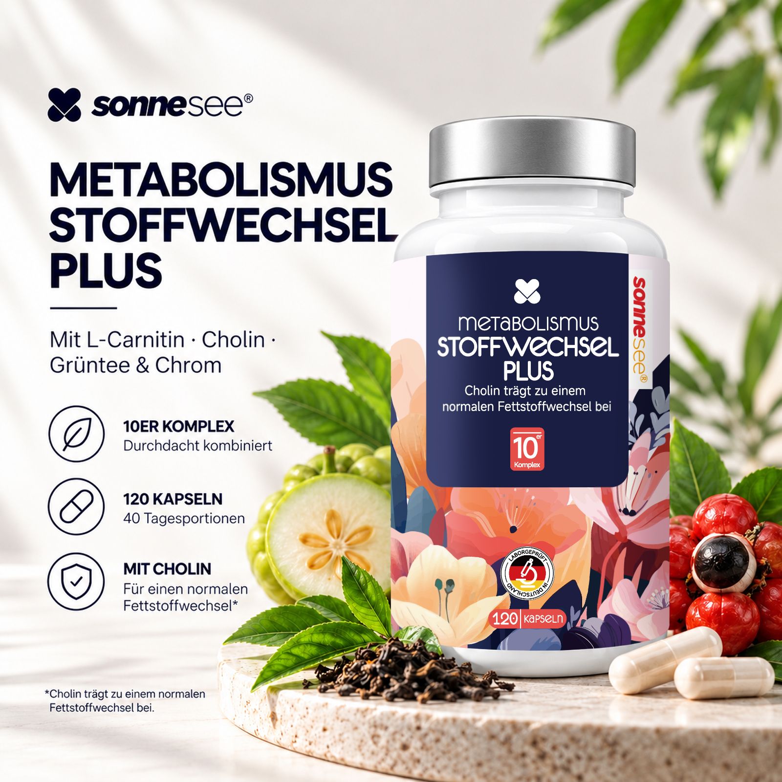 SonneSee Stoffwechsel Komplex: fles, ingrediënten zoals L-Carnitine, Choline, groene thee extracten en fruit.
