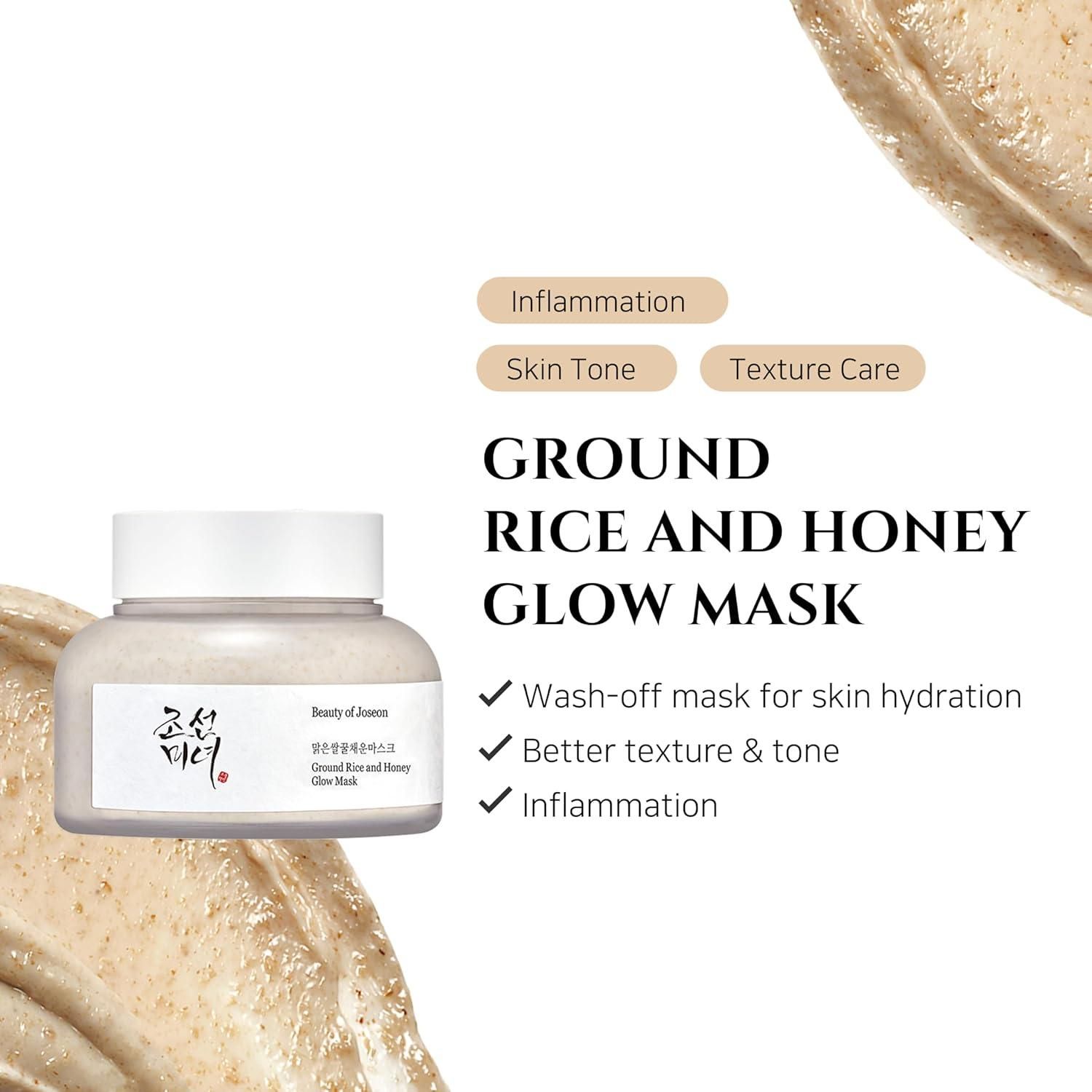 Pot de masque et texte. Ground Rice and Honey Glow Mask. Avantages : hydratation, texture, teint. Marque : Beauty of Joseon.