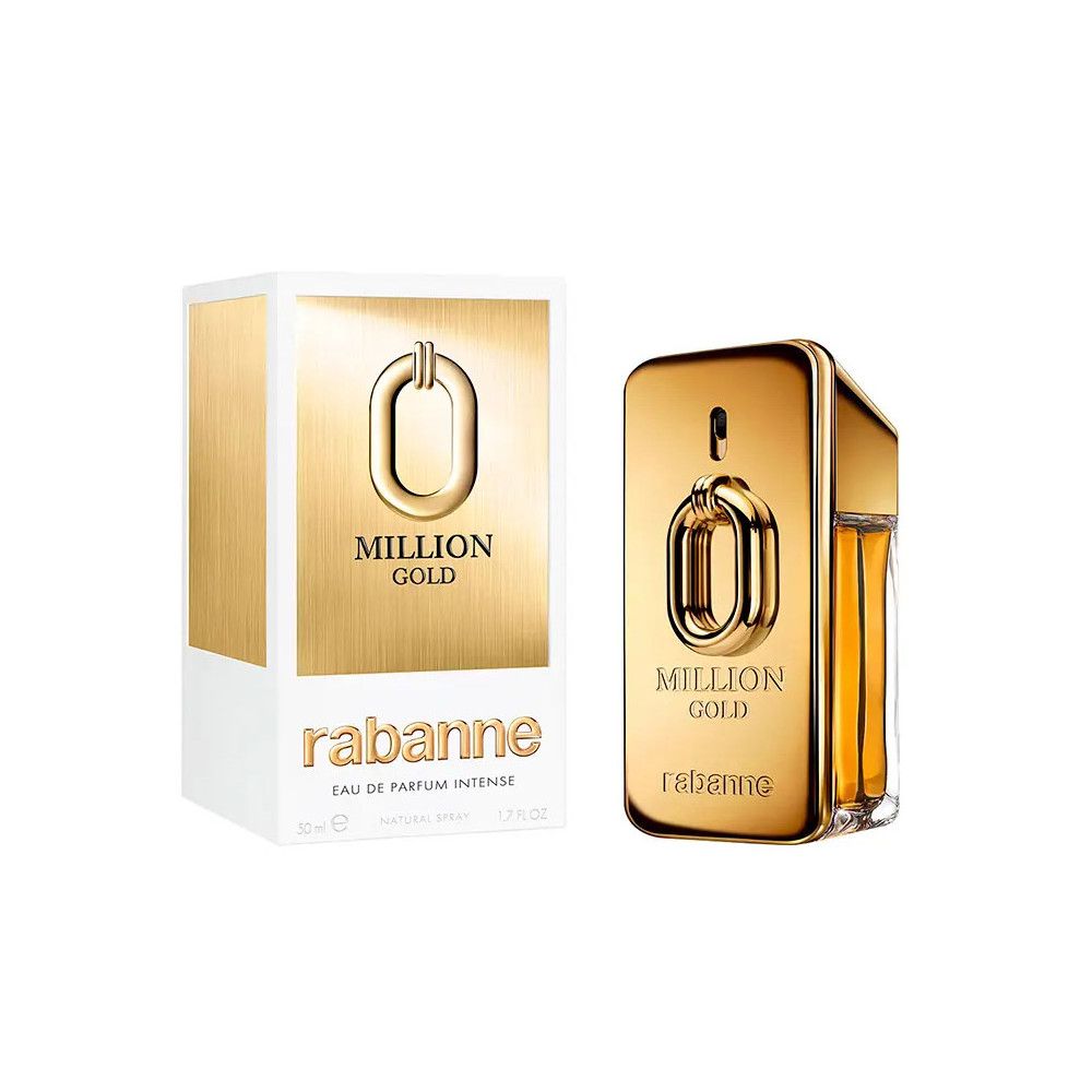 Gouden flacon en verpakking met "Million Gold" en "rabanne". Rechthoekige vorm, gouden details.