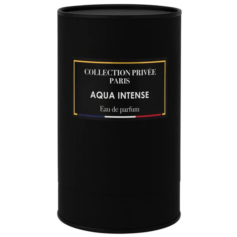 Emballage cylindrique noir. Inscription : Collection Privée Paris, Aqua Intense, Eau de parfum. Cadre doré.