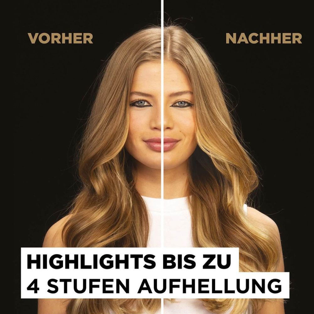 Voor-en-na vergelijking. Vrouw met blond haar. Linkerkant: Voor. Rechterkant: Na. Tekst: Highlights tot 4 tinten oplichten.