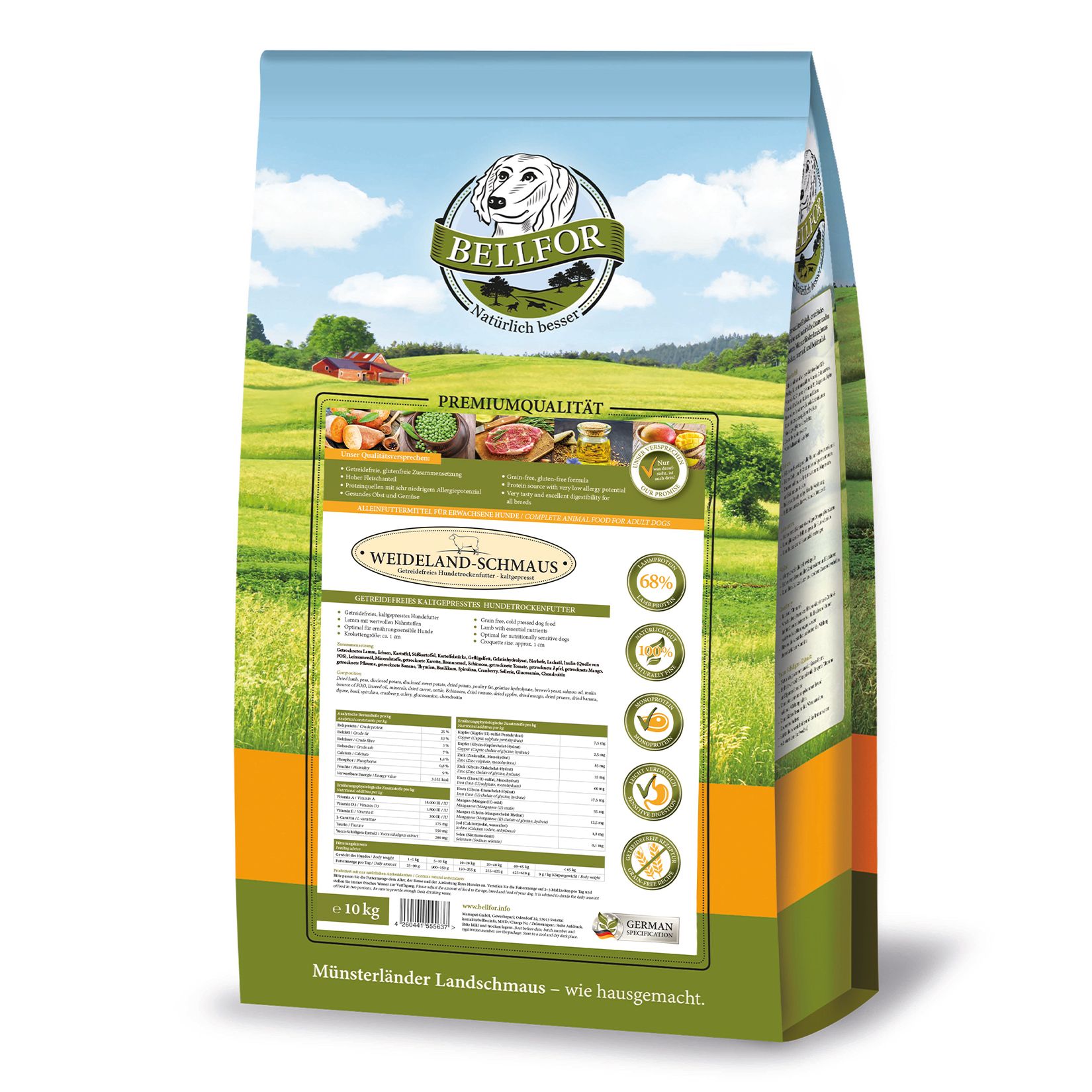Sac de nourriture sèche pour chiens à l'agneau, marque BELLFOR. Weideland-Schmaus. Emballage vert et jaune avec paysage et informations.