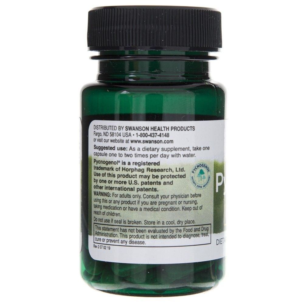 Côté d'une bouteille verte de Swanson Pycnogenol, avertissements et instructions d'utilisation.