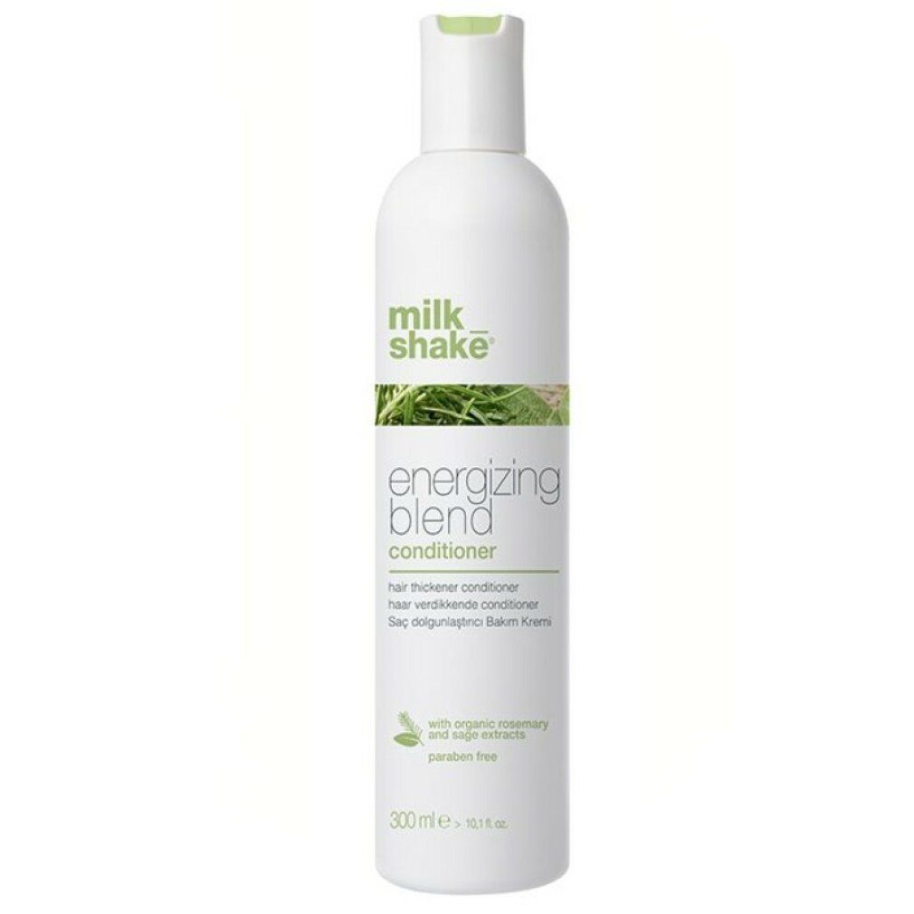 Witte fles met groene opdruk. Opschrift: milk_shake Energizing Blend Conditioner. Bevat rozemarijn- en salie-extracten. 300 ml.