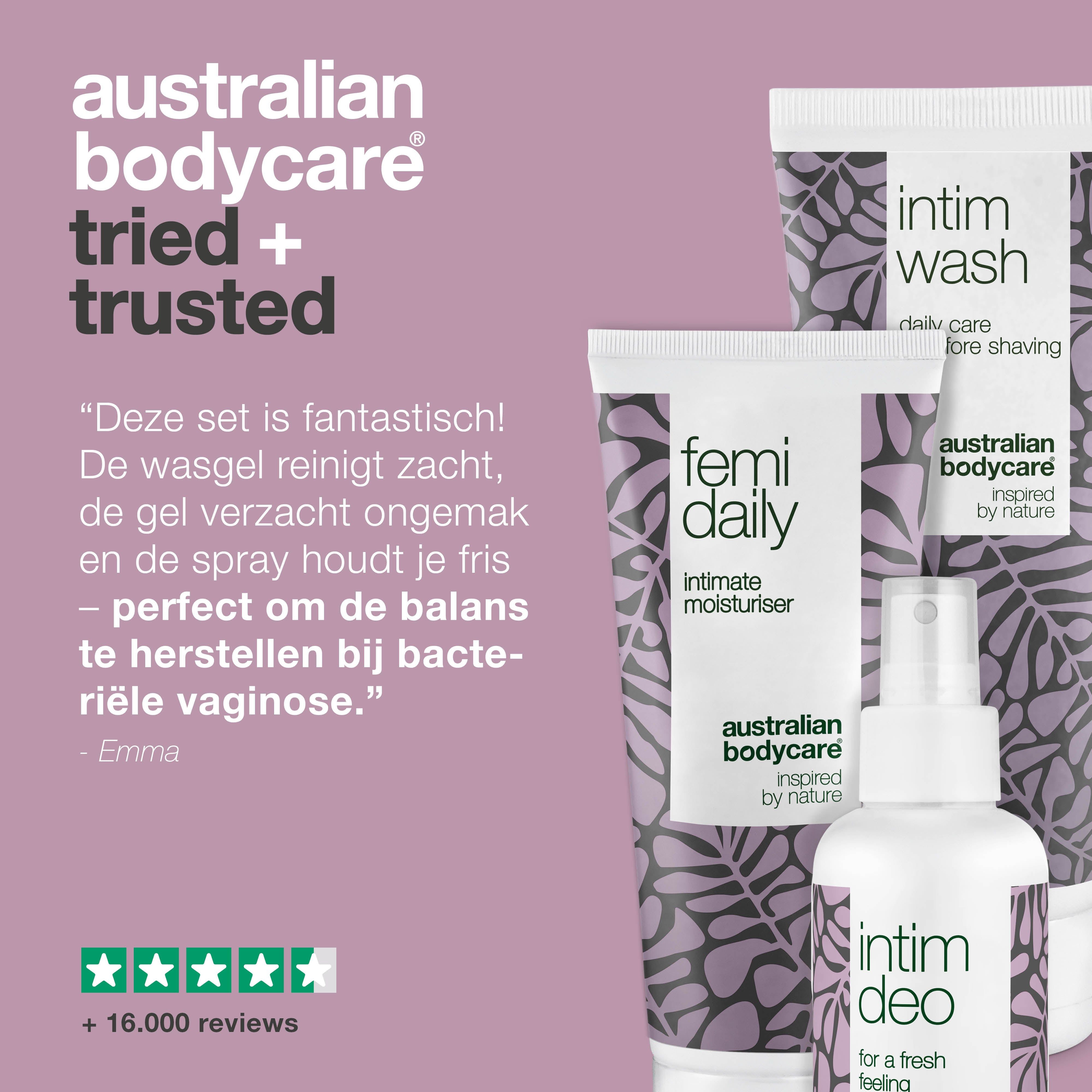 Grafiek: Australian Bodycare tried + trusted. Citaat over de set. Producten: Intim Wash, Femi Daily, Intim Deo. 5 sterren beoordeling.