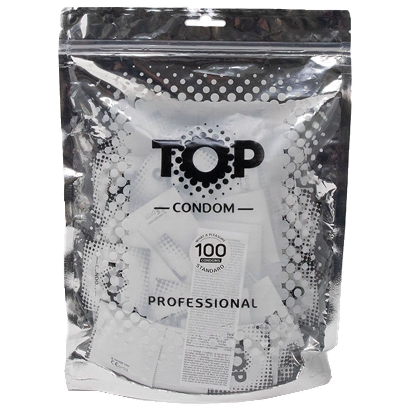 Zak met condooms. Opschrift TOP, CONDOM, 100 Standard, PROFESSIONAL. Transparante verpakking.