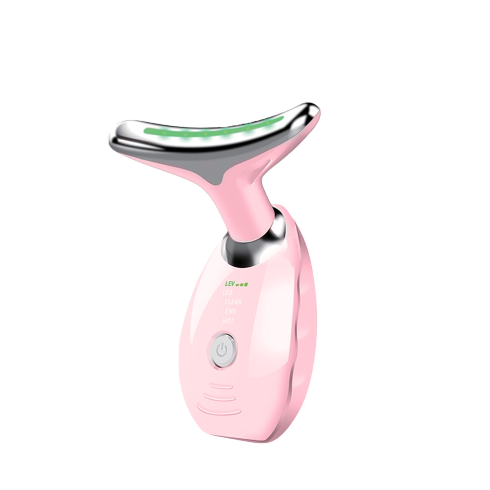 Masseur rose pour visage et cou. Tête métallique, lumières LED. Bouton marche/arrêt. Design ergonomique.