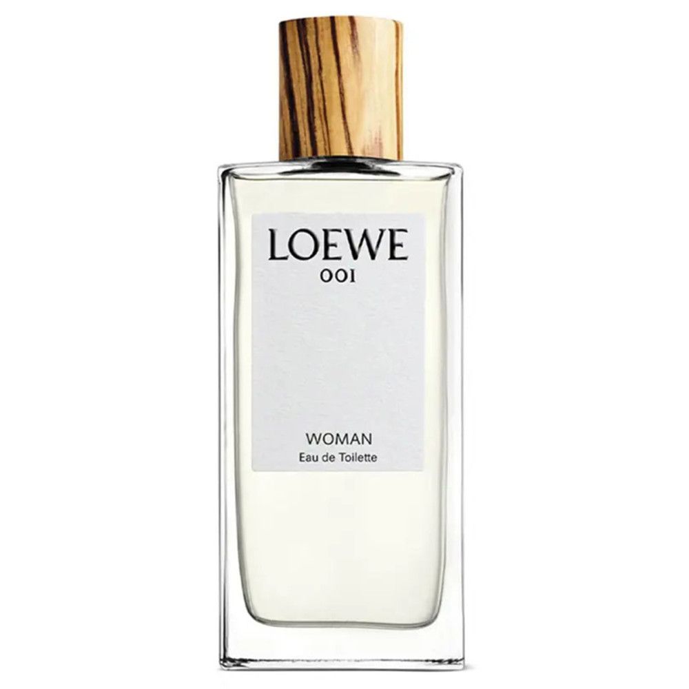 Rechthoekige parfumfles met houten dop. Op het etiket staat 'LOEWE 001 WOMAN Eau de Toilette'.